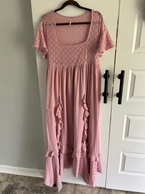 Free People Pink Lace & Ruffle Maxi Dress medium